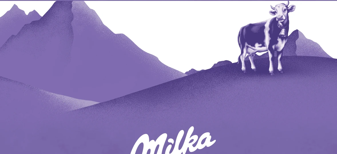 Illustrated Alpine mountains with the Milka cow