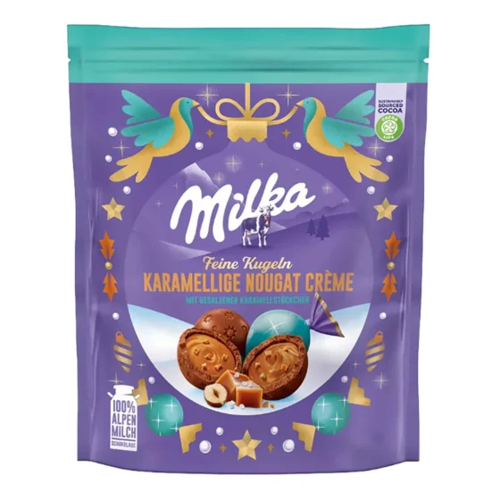 Milka Christmas Caramel Nougat Cream Balls 90g product packaging