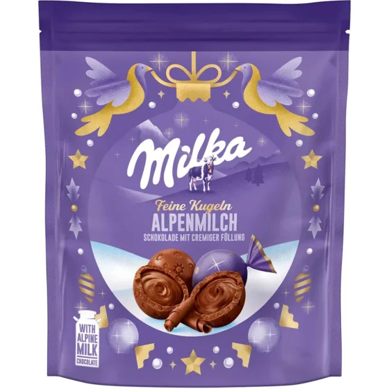 Milka Christmas Chocolate Balls Alpine Milk 90g product packaging