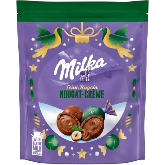 Milka Christmas Chocolate Balls Nougat Creme 90g product packaging